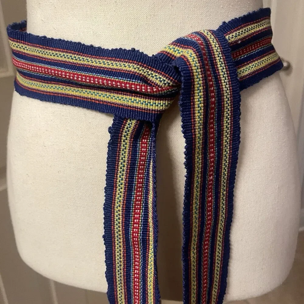 Vintage Woven Textile Sash Belt Tie Multi Color Stripe Hippie Gypsy Western Wrap